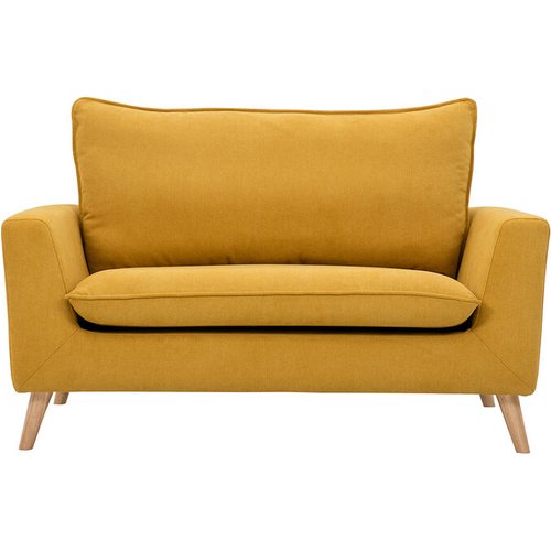 Miliboo divano scandinavo 2 posti in tessuto effetto velluto giallo senape e legno chiaro jonas