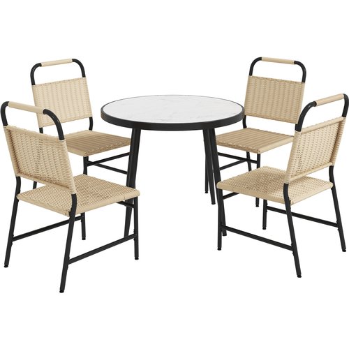Outsunny set da giardino con tavolo in vetro effetto marmo e 4 sedie in rattan, colore cachi