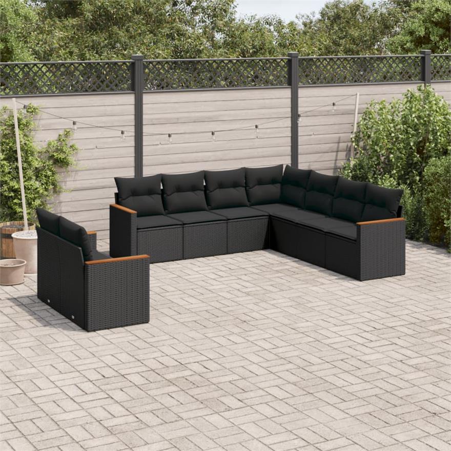 Vidaxl set divani da giardino 9 pz con cuscini nero in polyrattan