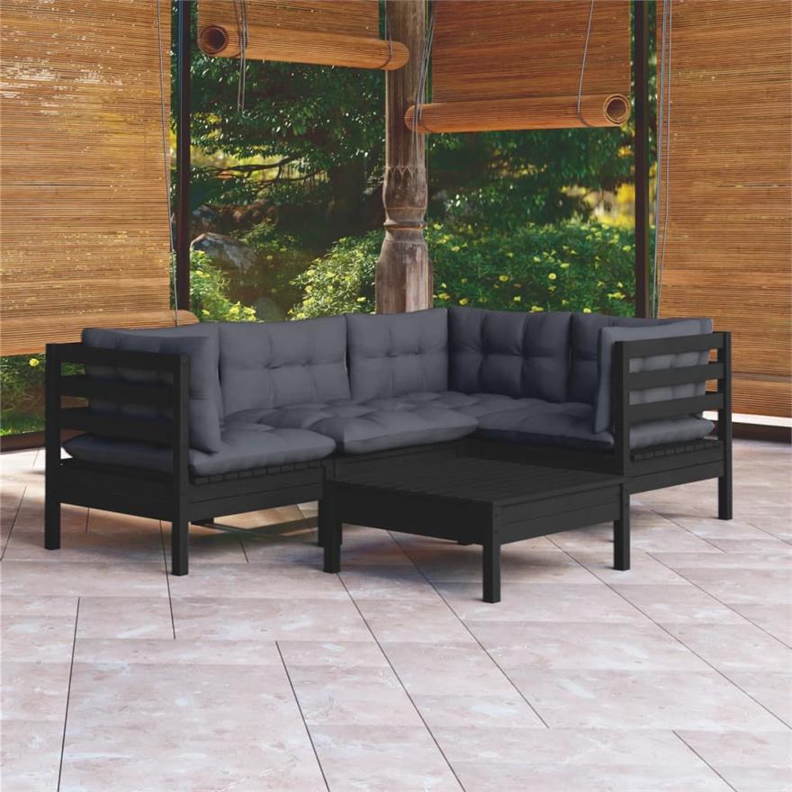 Vidaxl set divani da giardino 5 pz con cuscini neri in legno di pino